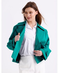 Resim Pastelastore %100 Pamuk Gabardin Astarlı Oversize Geniş Kalıp Kadın Crop Kısa Trençkot 1122 Zümrüt Yeşili 