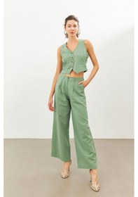 Resim Stella Pulvis Yeşil Keten Yüksek Bel Wide Leg Pantolon Haki 