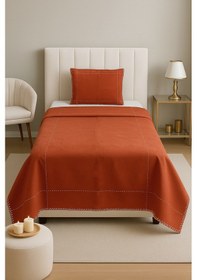 Resim Rivaistanbul Luna Kiremit Çizgili Çoban Dikişli %100 Pamuklu Tek Kişilik Yatak Örtüsü Kiremit 