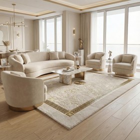 Resim Beyaz Zeminli Altın Desenli Merkezli Peluş Runner Halı - 80x250 cm 