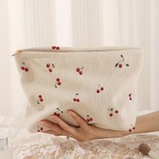 Resim İç Astarlı, Hafif Polyester Makyaj Çantası, Çok Fonksiyonlu Tuvalet Örgütleyicisi, Koku Yapmayan Güzellik Depolama, Kiraz Baskılı Corduroy Zipperli Kozmetik Çantası 
