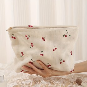 Resim İç Astarlı, Hafif Polyester Makyaj Çantası, Çok Fonksiyonlu Tuvalet Örgütleyicisi, Koku Yapmayan Güzellik Depolama, Kiraz Baskılı Corduroy Zipperli Kozmetik Çantası 