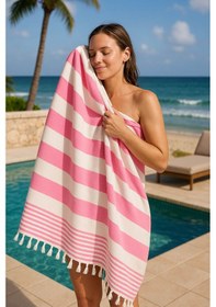 Resim Çizgili Peştemal Plaj Havlusu %100 Pamuk Yıkanmış 100x180 Cm Marenza Pembe 