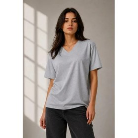 Resim Passense V Yaka Basic Tişört Kısa Kol Yazlık Regular Fit T-Shirt - Gri 