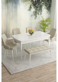 Resim Meri Serisi 80x132 Açılabilir Mdf Beyaz Masa Takımı 4 Siyah Sandalye 1 Bench Krem 