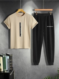 Resim Look Forward Bej T-shirt Siyah Eşofman Alt Jogger Baskı Alt Üst Eşofman Takım Oversize Bisiklet Yak Bej Siyah 