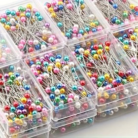 Resim 100 adet Parlak İnci Başlıklı İğne - DIY El Sanatları ve Dikiş Projeleri için Çok Renkli Büyük Konumlandırma İğneleri, Dikiş Malzemeleri Aksesuarları ile Açık Depolama Kutusu 