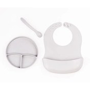 Resim Gri 3’lü Silikon Yemek Seti – Önlük + Diş Kaşıyıcılı Kaşık + Vakumlu Tabak 