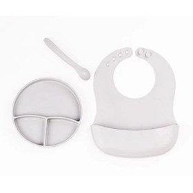 Resim Gri 3’lü Silikon Yemek Seti – Önlük + Diş Kaşıyıcılı Kaşık + Vakumlu Tabak 