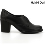 Resim Kadın Siyah Bağcıklı Orta Kalın Topuklu Hakiki Deri Oxford Ayakkabı 