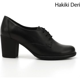 Resim Kadın Siyah Bağcıklı Orta Kalın Topuklu Hakiki Deri Oxford Ayakkabı 