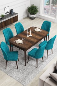 Resim Canisa Concept Rio Serisi 80x132 Açılabilir MDF Mutfak Masası Takımı Barok Desen Masa 6 Turkuaz Sandalye 