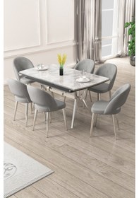 Resim Canisa Weps Serisi 89x150 Açılabilir Lak Panel Rampla Gri Krom Ayak Masa Takımı Ve 6 Gri Sandalye Rampla Gri Masa Gri Sandalye Krom Ayak 