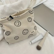 Resim Vintage Smiling Face Corduroy Kozmetik Çantası - Estetik Kadınların Makyaj Organizatörü ve Kozmetik Seyahat Çantası - Makyaj, Kalemler ve Seyahat Gereçleri için Gülümseme Fermuarlı Saklama Çantası 