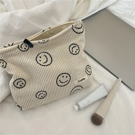 Resim Vintage Smiling Face Corduroy Kozmetik Çantası - Estetik Kadınların Makyaj Organizatörü ve Kozmetik Seyahat Çantası - Makyaj, Kalemler ve Seyahat Gereçleri için Gülümseme Fermuarlı Saklama Çantası 
