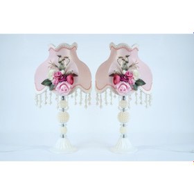 Resim İki Adet Çiçek Dekorlu Abajur Pudra Klasik Model Beyaz 