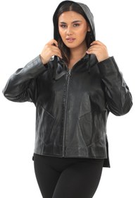 Resim Kadın Hakiki Koyun Derisinden Kapüşonlu Deri Mont/Ceket BDC129 (Standart Kalıp) - 6XL / ÇAMUR 