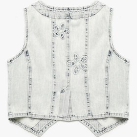 Resim Kız Çocuk Pamuklu Cep Detaylı V Yaka Çiçekli Crop Denim Yelek 