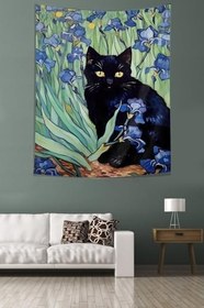 Resim Pelangi Çiçekler İçinde Kara Kedi Leke Tutmaz Kumaş Duvar Örtüsü Duvar Halısı Tapestry PNTR332, 70 x 100 