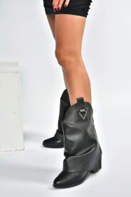 Resim Fox Shoes V973601009 Siyah Kalın Topuklu Western Kovboy Kadın Bot Siyah-Suni Deri 