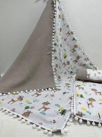Resim Müslin Kumaş ve Ponponlu Alt Açma, Yastık ve Battaniye 3'lü Set 