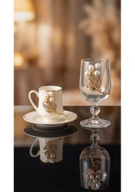 Resim Elta Collection Gold Metal & İnci Çiçek Figürlü 12 Parça Bardak Fincan Seti Şık Sunum İnci 