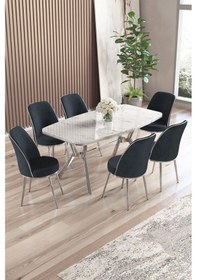 Resim Canisa Lena Serisi 90x160 Lak Panel Beyaz Mermer Desen Krom Ayaklı Masa Takımı Ve 6 Antrasit Sandalye Beyaz Mermer Desen Masa Sandalyeler Antrasit 