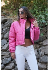 Resim Keyifli Moda Kadın Pembe Dik Yaka Çıtçıtlı Fermuarlı Kısa Şişme Mont - 40 Pembe 
