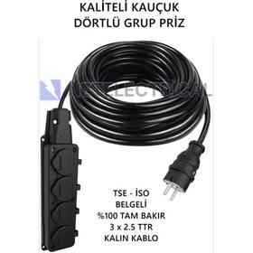 Resim Kauçuk 4'lü 9 Metre Topraklı Grup Priz - 3x2.5 Ttr Tam Bakır Kalın Siyah Kablo 9 Metre 