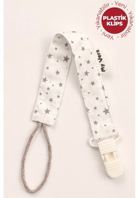 Resim Gri Yıldızlı - Plastik Klipsli Pamuklu Emzik Askısı - Emzik Zinciri - Emzik Tutacağı Açık Gri 