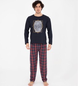 Resim Sudem Erkek Ekose Yazlık Uzun Kollu % 100 Pamuklu Pijama Takımı 