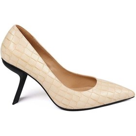 Resim Bestello Sivri Burun Neolit Taban Kalın Topuklu 281-6000 Kadın Ayakkabı Bej Kroko 