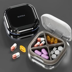 Resim 4 Bölmesi Olan Kompakt Seyahat İlaç Düzenleyici - Vitaminler, İlaçlar ve Takviyeler İçin Taşınabilir İlaç Tutucu, Kolay Görünümlü Şeffaf Tasarım, Günlük Kullanım ve Hareket Halinde İdeal, İlaç Kutusu, Günlük İlaç Depolama, Modern İlaç Kutusu, Güvenli Kapak Özelliği 