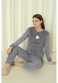 Resim Wordex Fawn 04-3309 Peluş Welsoft Polar Kışlık Yumoş Kalpli Kedili Kadın Pijama Takımı Gri 