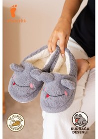 Resim Albishoes Kışlık Içi Tüylü Kadın Ev Ayakkabı Kurbağa Figürlü Kaydırmaz Rahat Taban Panduf Ev Botu Gri 