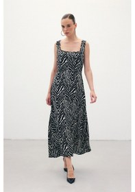 Resim Sateen Kare Yaka Zebra Desenli Elbise - Siyah-136360 Siyah 