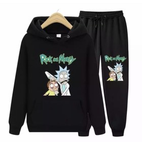 Resim Büyük Beden Kapüşonlu Rıck And Morty Baskılı Oversize Yeni Stil Erkek Eşofman Takımı 