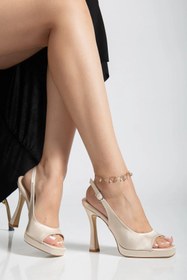 Resim ALTIN TOPUK Kadın Bej Saten Platform Topuklu Ayakkabı 