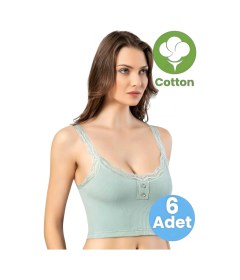 Resim Tezzgelsin Kadın 6'lı Dantel Askı Düğme Detaylı Kaşkorse Pedli Crop Büstiyer Çağla Yeşili 