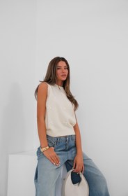 Resim Sıfır Yaka Fiyonk Detaylı Beyaz Triko Süveter - Standart 