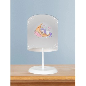 Resim Bebek ve Çocuk Odası Aya Sarılan Unicorn Desenli Gri Abajur 