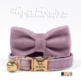 Resim Cat Collar Velvet Named Bell Cat Collar 015263 - Purple Bowtie / S/M 
