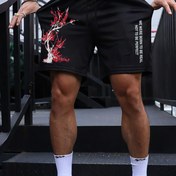 Resim Erkek Kiraz Çiçeği Rahat Spor Şort - Kırmızı Ağaç Dalı Tasarımlı Lacivert, "FARKLI GÖRÜNMEYİ BIRAKMIYORUZ" Sloganı, Rahat Polyester Kumaş, Günlük Kıyafetler, Boş Zaman Giysileri İçin Mükemmel | Rahat Stil Şortlar | Polyester Şortlar 