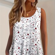 Resim Kadın Modası Yaz Küçük Çiçek Baskı Kolsuz Crew Neck Rahat Tank Yelek Üst, Büyük Boy, Polyester, 190g/m², Örgü Kumaş, Orta Esneklik, Kadınlar İçin 