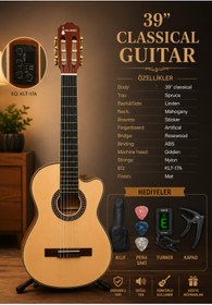 Resim valares Profesyonel Seri QCG2305 39” Elektro Mat Klasik Gitar KLT-17A EQ Full Set Hediyeli 