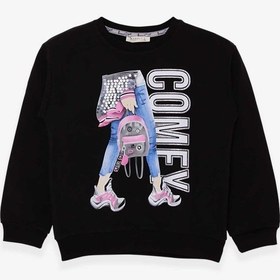 Resim Kız Çocuk Sweatshirt Pullu Baskılı Siyah (9-14 Yaş) 