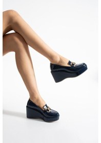 Resim Zenne Shoes Dolgu Topuklu Tokalı Kadın Ayakkabı Lacivert 