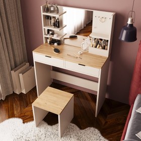 Resim Bimossa V50 Diena Tabureli Makyaj Masası - Meşe - Kumtaşı 