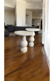 Resim Simillo Home&Living Wood Wooden Ahşap Beyaz Renk 2'li Set Fitilli Mantar Yan Sehpa Modern Fiskos / Zigon Sehpa 