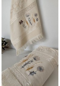 Resim 2'li Nakışlı Jakarlı Kadife El Yüz Havlusu - %100 Pamuk - Kapuçino Cappuccıno Cappuccino 